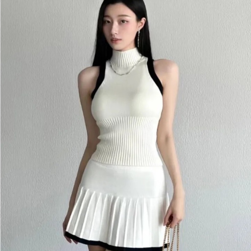 Knitted Two Piece Set For Women Sexy Vest + High Waist Pleated Skirt Sets
